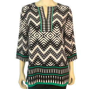 Chico's Sz 0 S 4 Tunic Top Silky Rayon African Tribal Print Black/White/Green